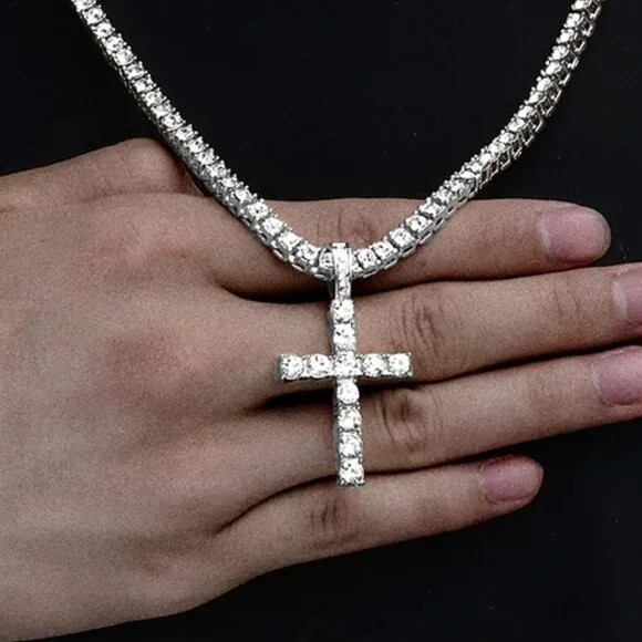 ⭐ Beautiful 2Pc 24" Diamond Necklace & Cross Pendant With 4mm Diamonds 18k ⭐ - Picture 5 of 10